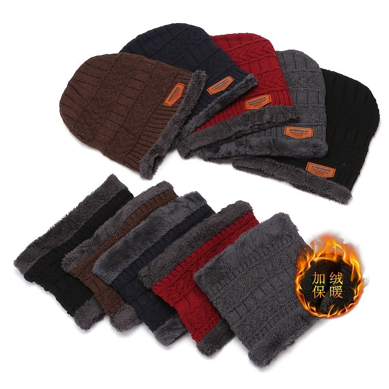 Men's Knitted Plush Beanie Hat Scarf Set