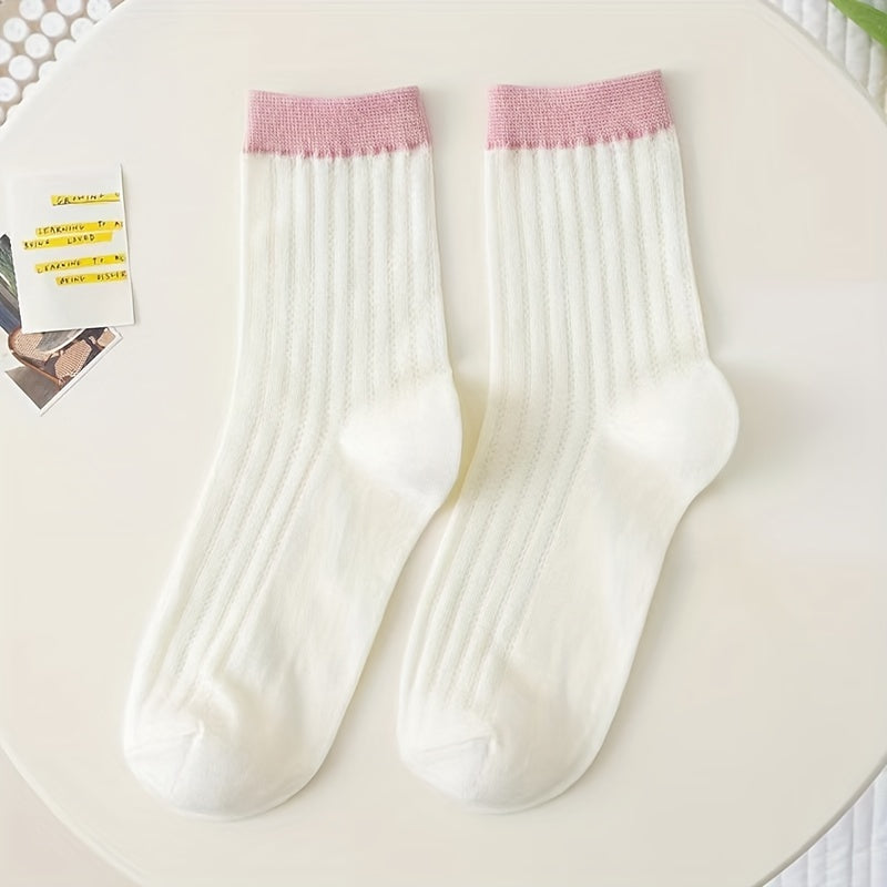 5 Pairs Colorblock Crew Socks Women's Stockings