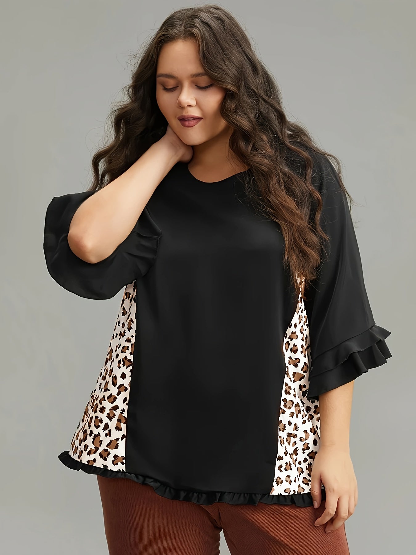  Colorblock Leopard Print Ruffle Bell Sleeve Blouse