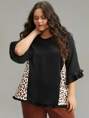  Colorblock Leopard Print Ruffle Bell Sleeve Blouse
