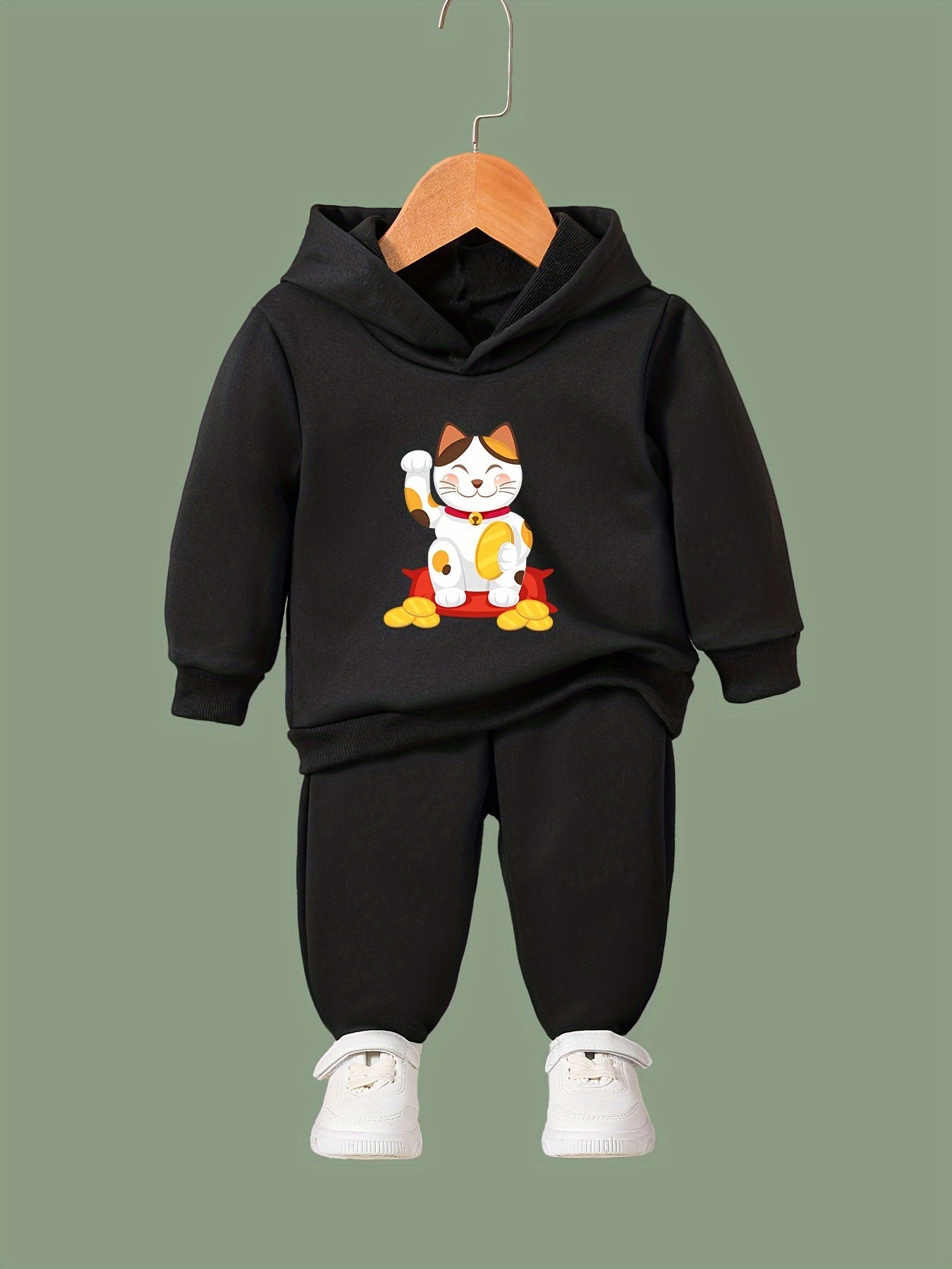 Kids Cartoon Cat Hoodie & Pants Set - Sporty Girl's Outfit