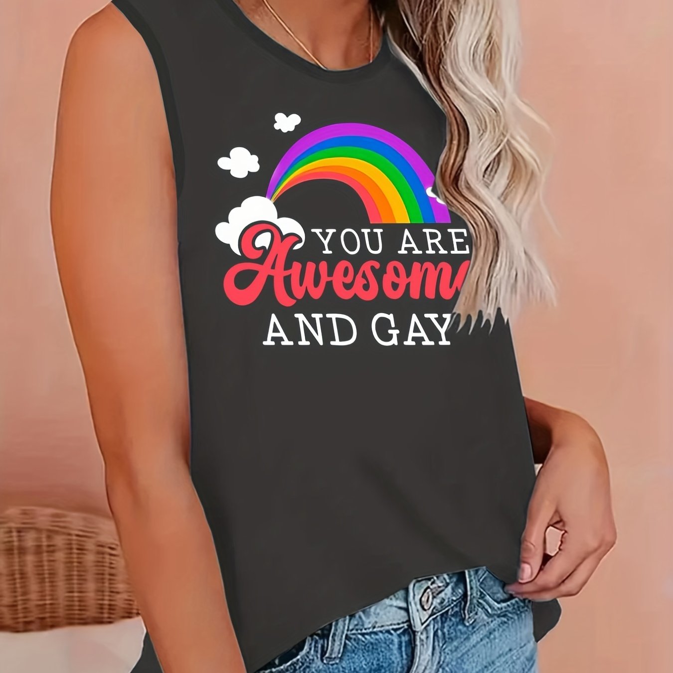 Plus Size LGBT Tank Top Rainbow Print Round Neck Stretch