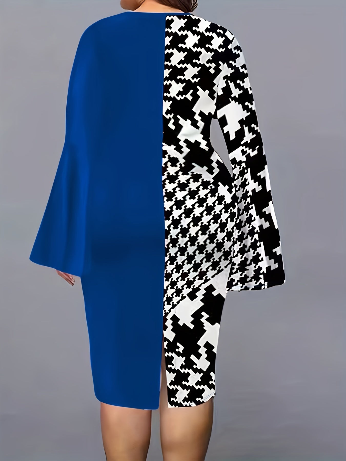 Colorblock Houndstooth Bell Sleeve V Neck Midi Dress