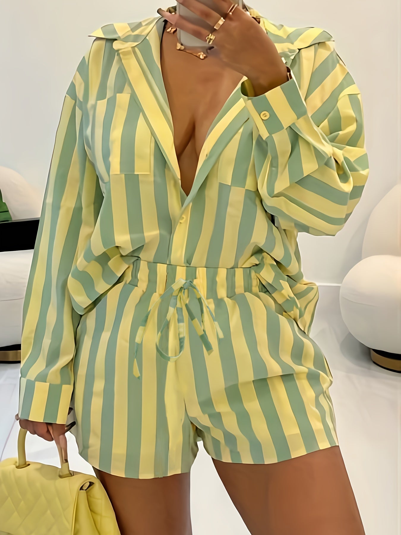  Stripe Print Button Up Blouse & Shorts 2pc Set
