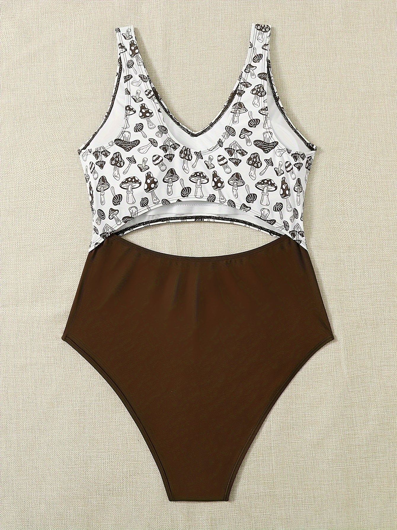  Sexy Mushroom Print V Neck Cut Out One Piece Swimsuit