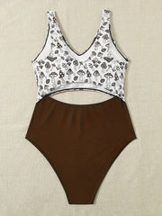  Sexy Mushroom Print V Neck Cut Out One Piece Swimsuit