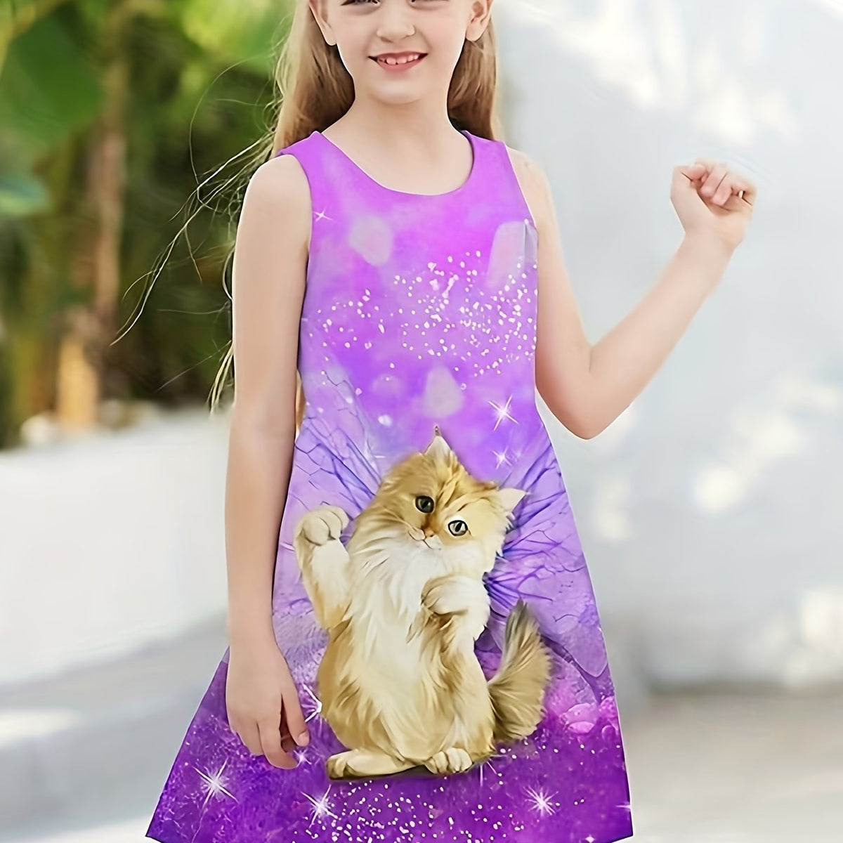 Cat Graphic Sleeveless Summer Dress for Girls