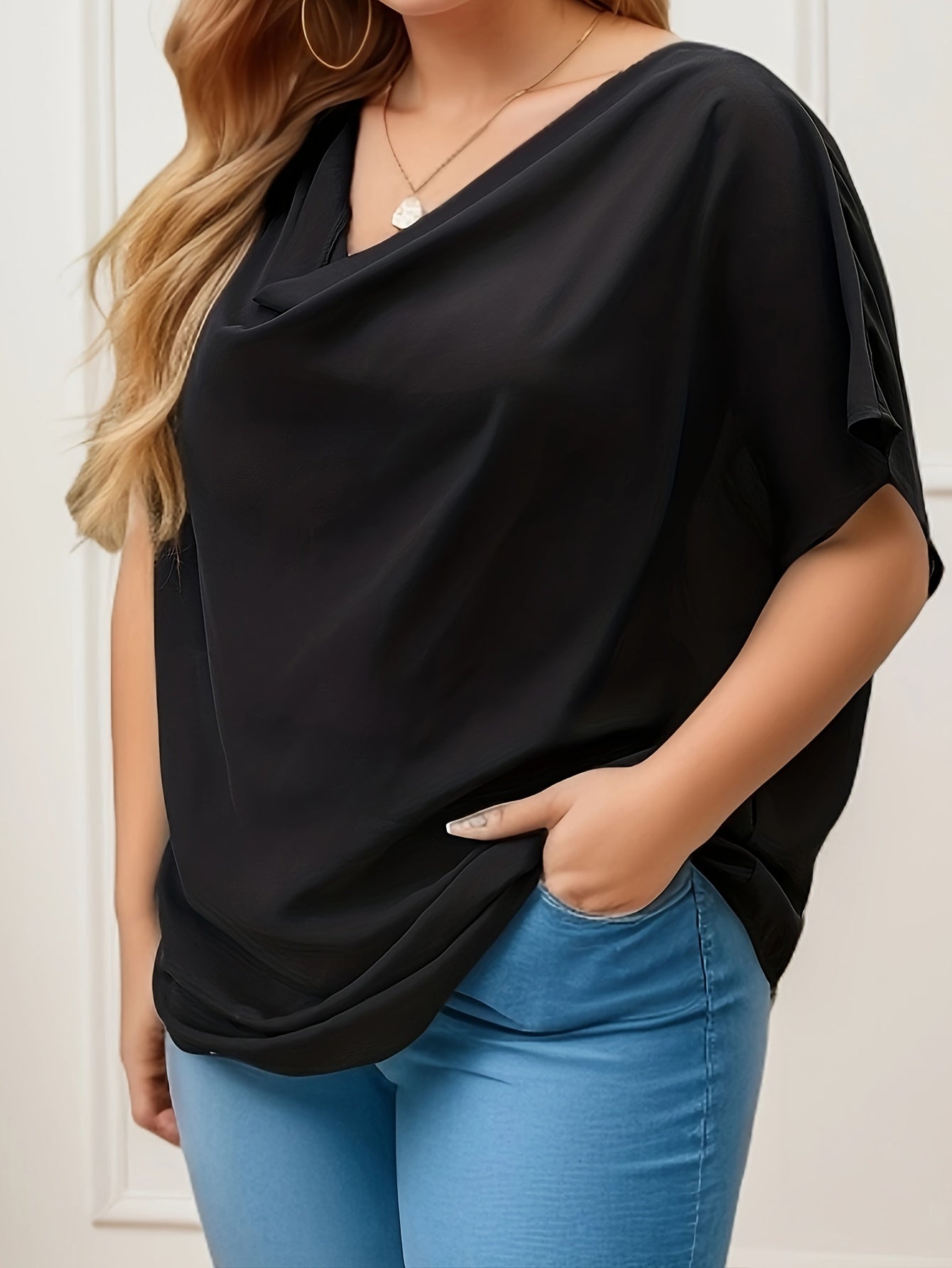  Casual Blouse Women's Plus Solid Bat Sleeve Cowl Neck Top