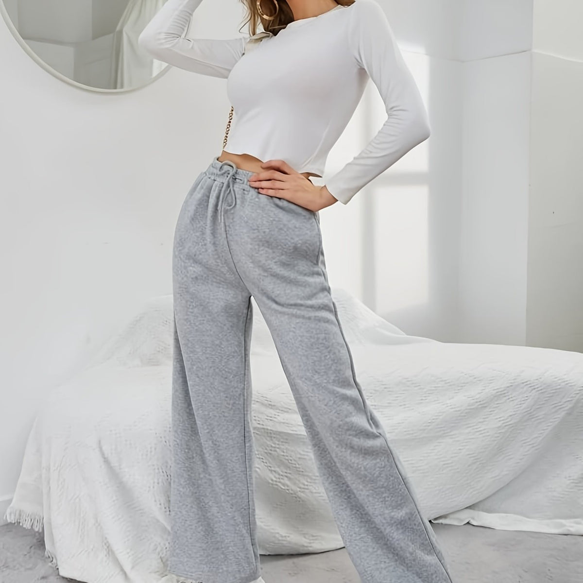 Drawstring Elastic Loose Sweatpants Casual High Waist Long Length Sweatpants