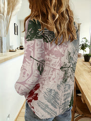  Leaf Print Long Sleeve Button Up Blouse