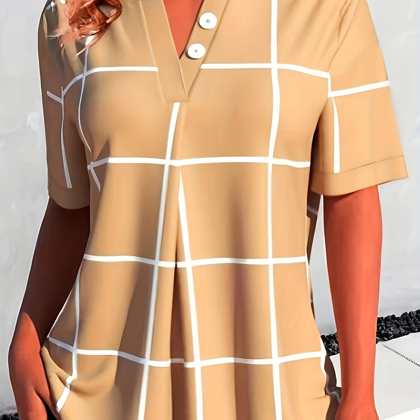  Plaid Print Short Sleeve Button Decor V Neck High Stretch Top
