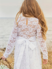 Kid Girls Long Sleeve Lace Belt Dress For 2-14 Years