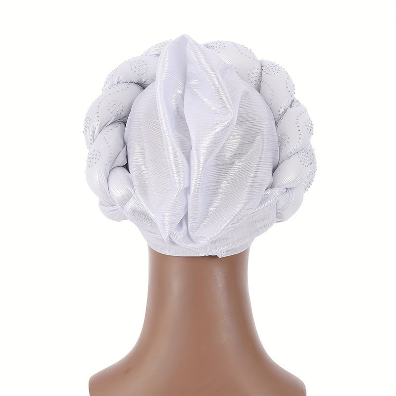 Silvery Turban Cap Twisted Braided Pre tied Big Head Wrap Elastic