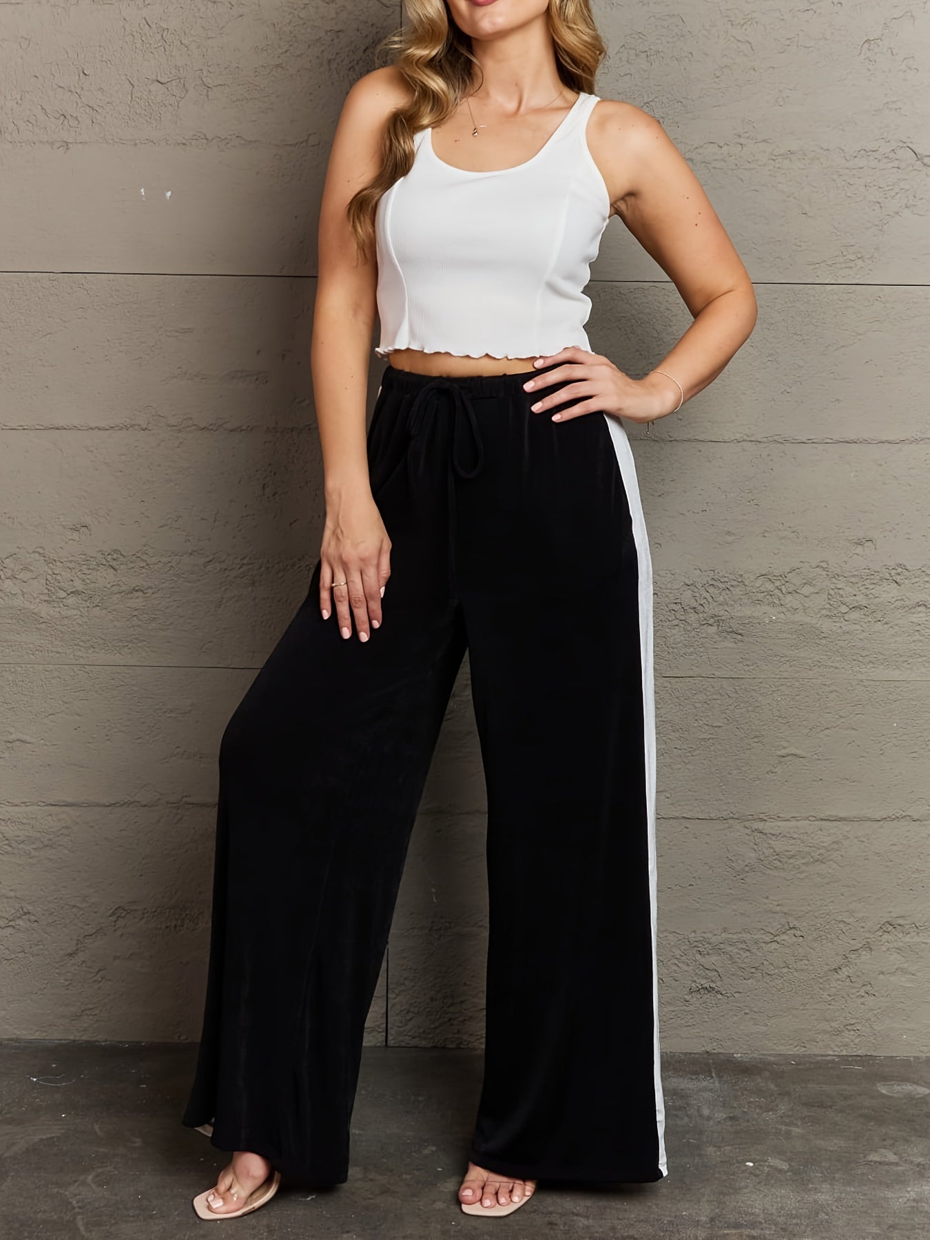 Sporty Plus Size Striped Print Side Tie Waist Loose Trousers