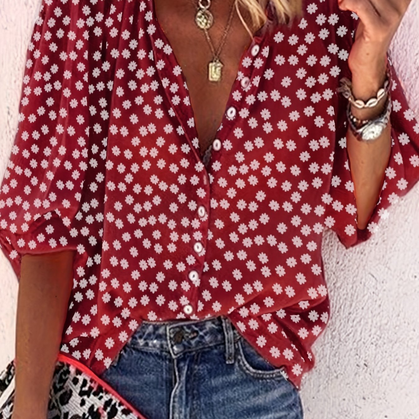  Boho Blouse Floral Print Puff Sleeve Shirt