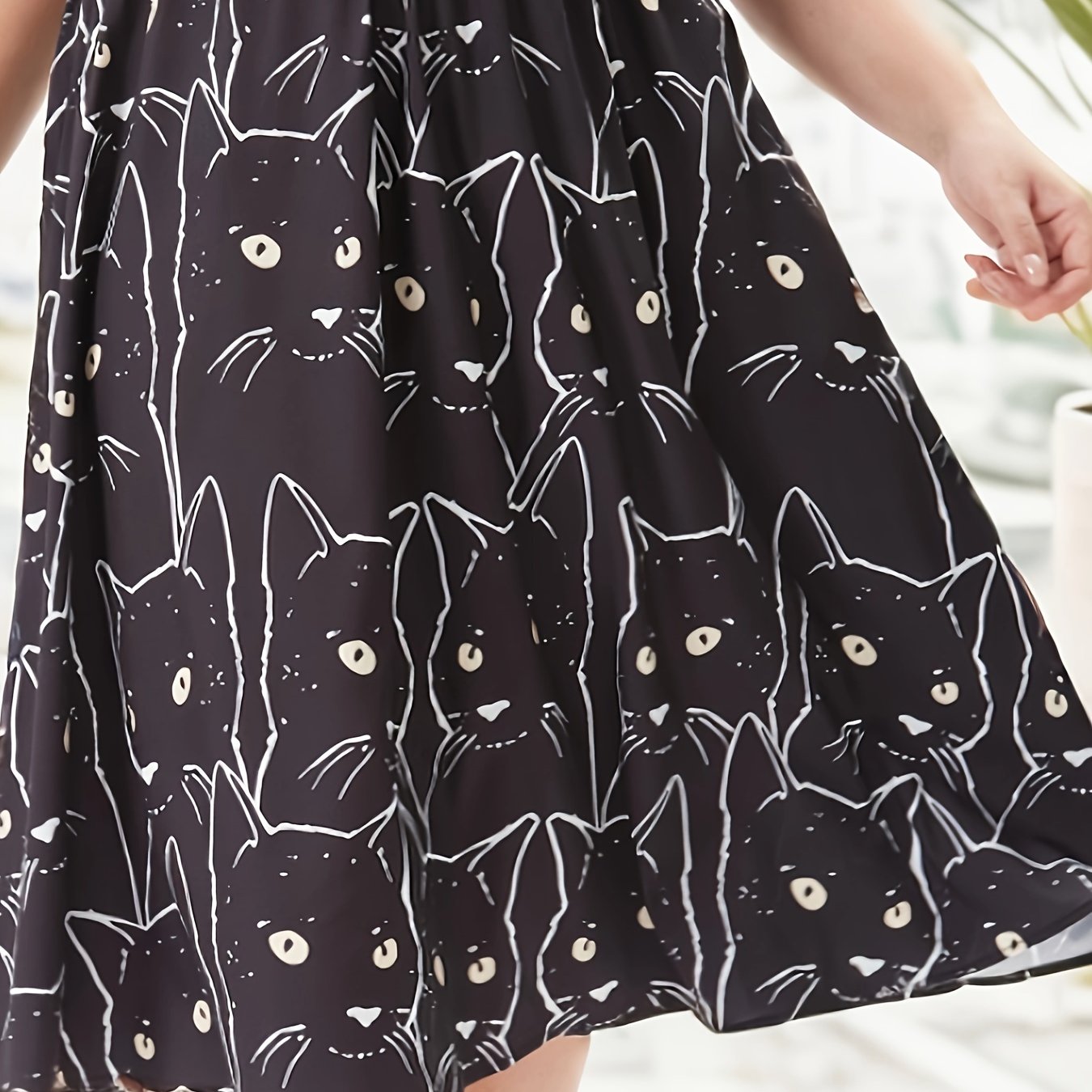  Allover Cat Print A Line Skirt, Elastic High Rise Knee Length