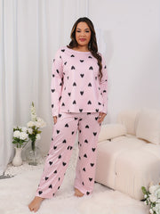  Heart Print Pajama Set - Long Sleeve Tee & Pants