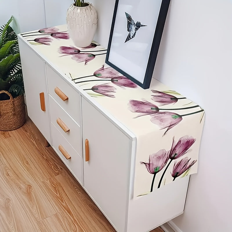 Floral Purple Table Runner Spring Tulip for Dining Table