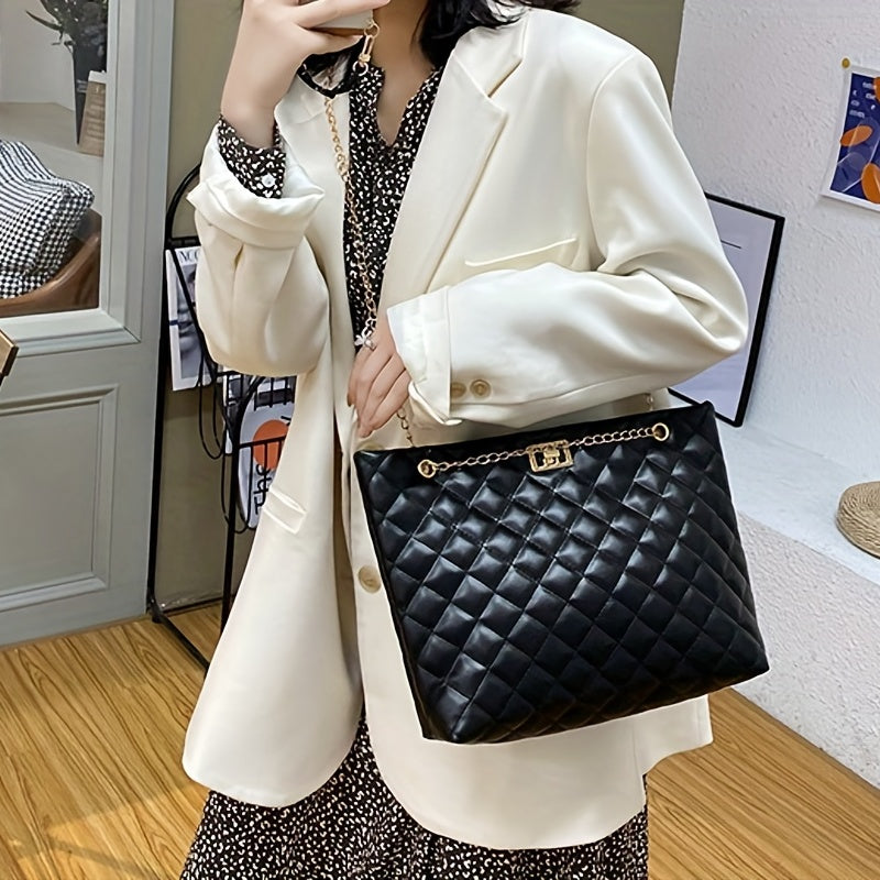 Argyle Quilted Casual Tote Bag Waterproof Shoulder Bag PU Leather Handbag