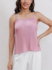 Ribbed Spaghetti Strap Top with Faux Pearl Decor