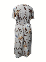 Floral Print Short Sleeve Maxi Dress With Belt & Pockets