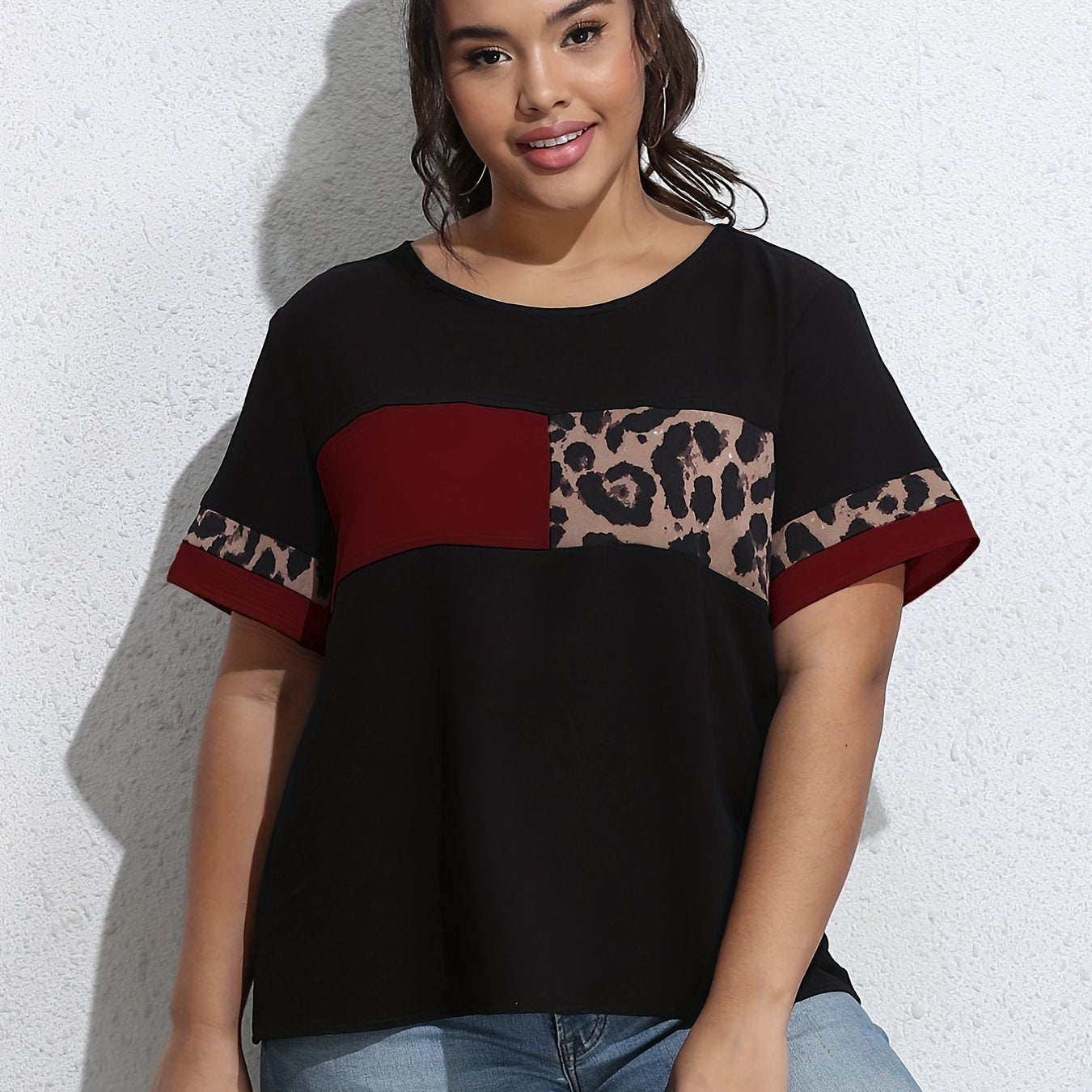  Colorblock Leopard Print Tee