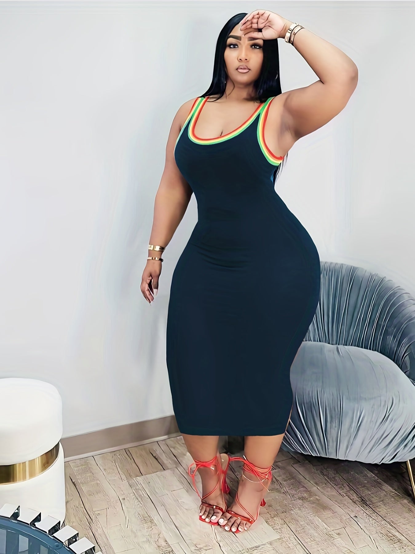  Casual Tank Dress Women's Plus Colorblock Rainbow Trim Round Neck