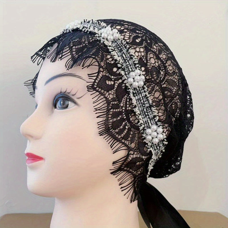 Faux Pearl Decor Turban Cap Lace Head Wrap Mesh Elastic Beanie