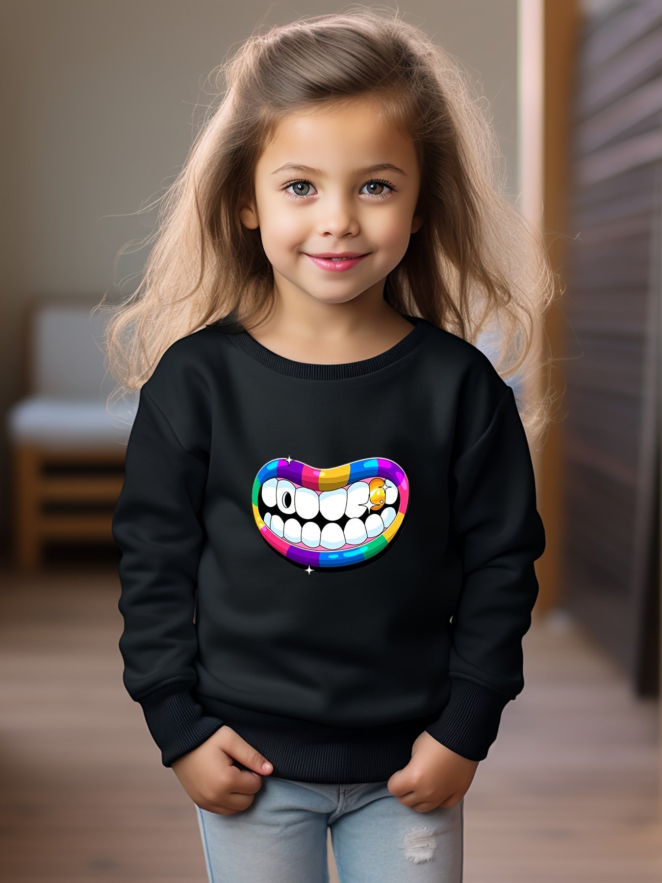 Girls Mouth Pattern Crew Neck Sweatshirt