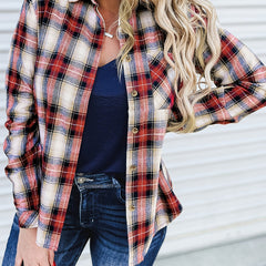  Plaid Print Button Up Long Sleeve Blouse