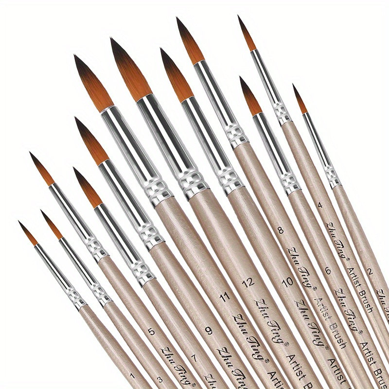 12pcs Professional Paint Brushes Set Round Pointed Tip Nylon Hair