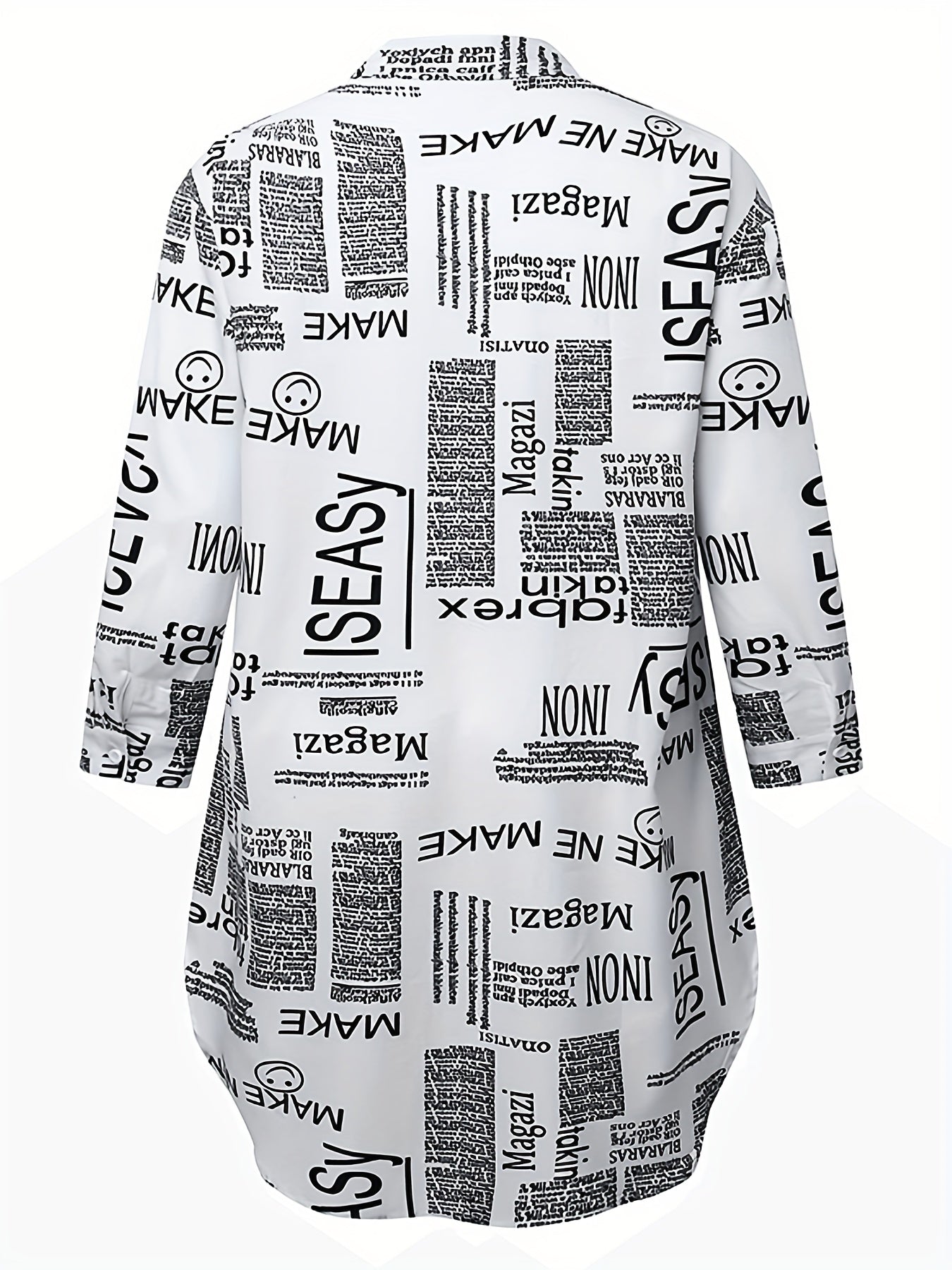  Letter Print Button Up Long Sleeve Blouse