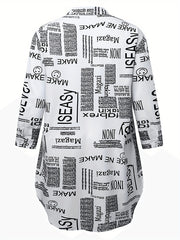  Letter Print Button Up Long Sleeve Blouse