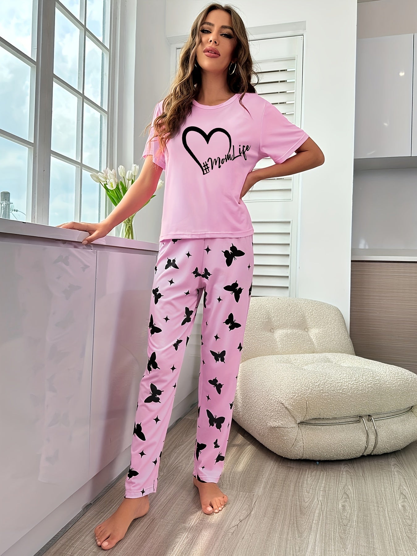 Heart Print Pajamas Set Short Sleeve Top & Pants Women's Sleepwear