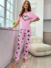 Heart Print Pajamas Set Short Sleeve Top & Pants Women's Sleepwear
