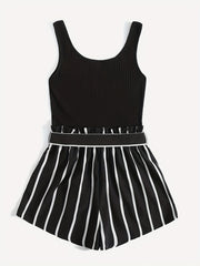 Stripe Print Belted Romper Jumpsuit Casual Sleeveless Tank Romper Jumpsuit