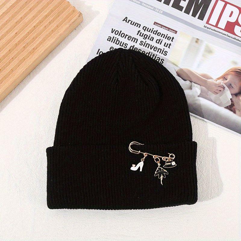 Detachable Brooch Couple Beanie Knitted Skull Hat Unisex Warm Ski Hat