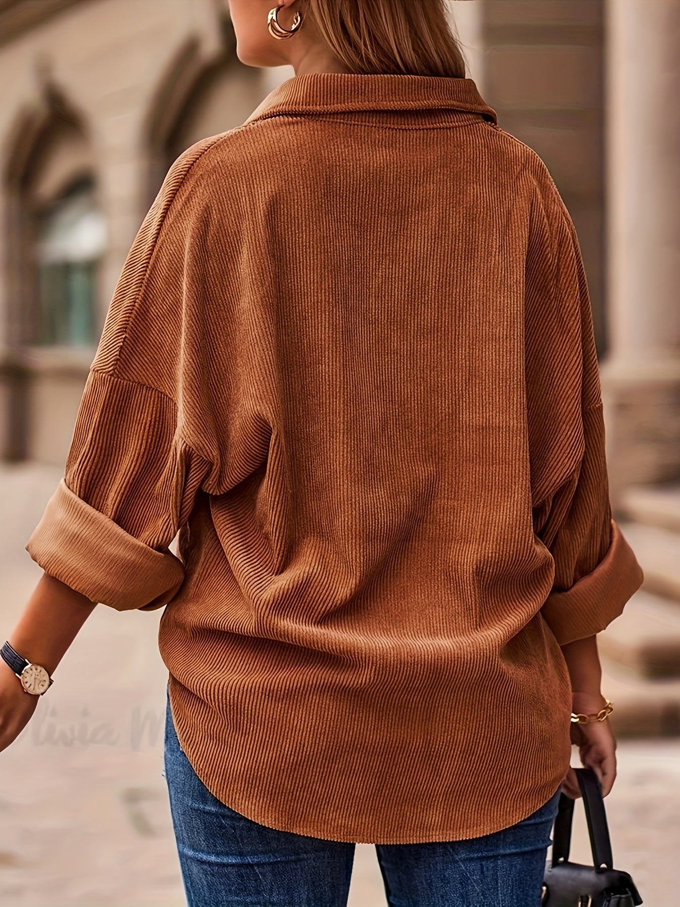  Corduroy Button Up Collar Shacket