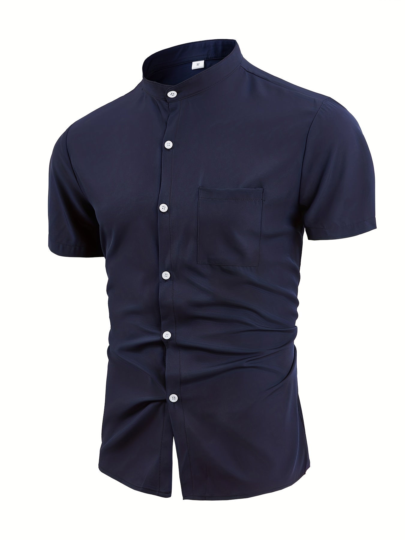 Men's Band Collar Short Sleeve Button Up Solid Shirt