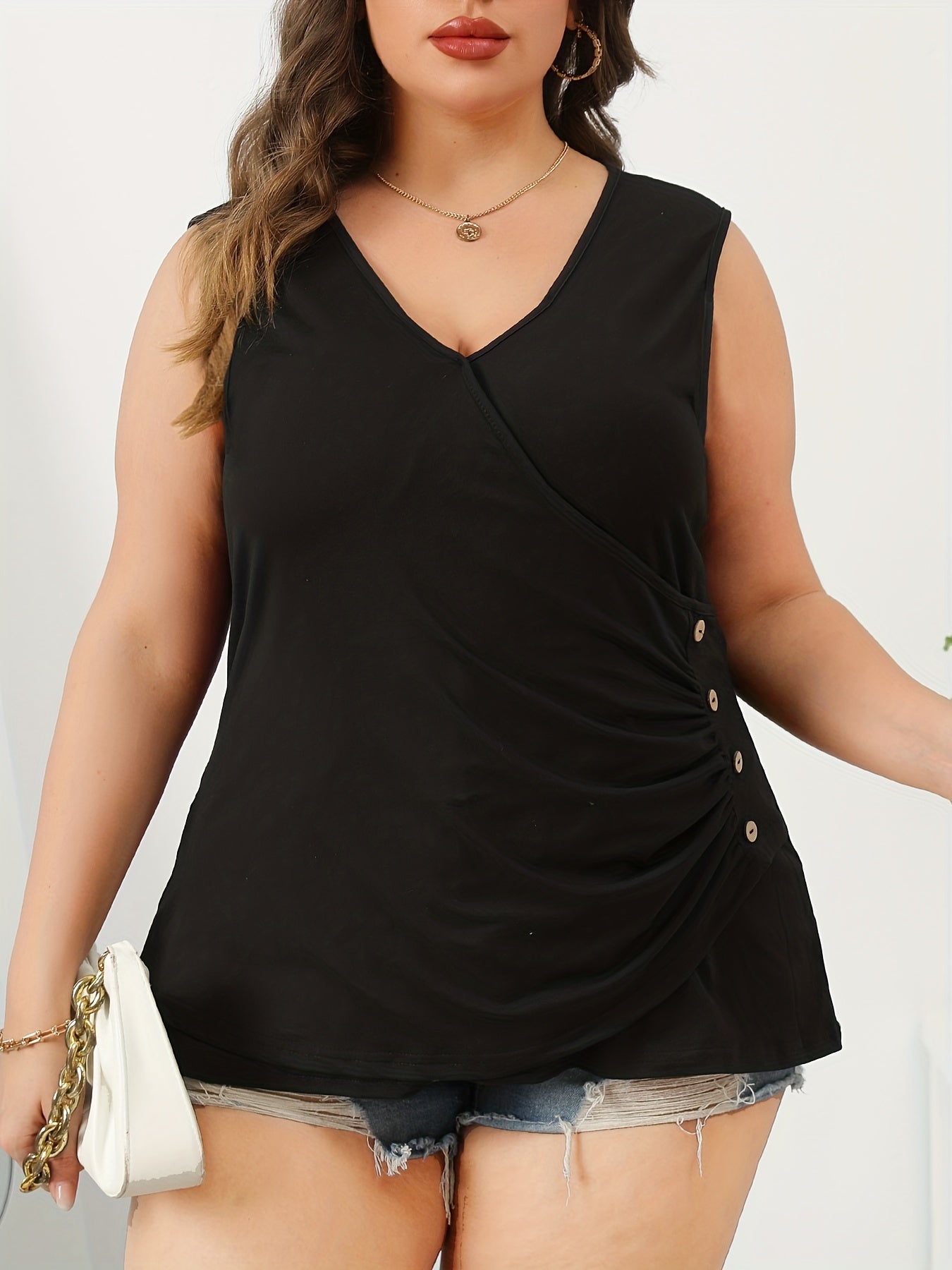  Solid Surplice Neck Tank Top