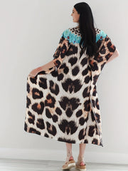  Leopard Print Bat Sleeve Split Cover Up Dress