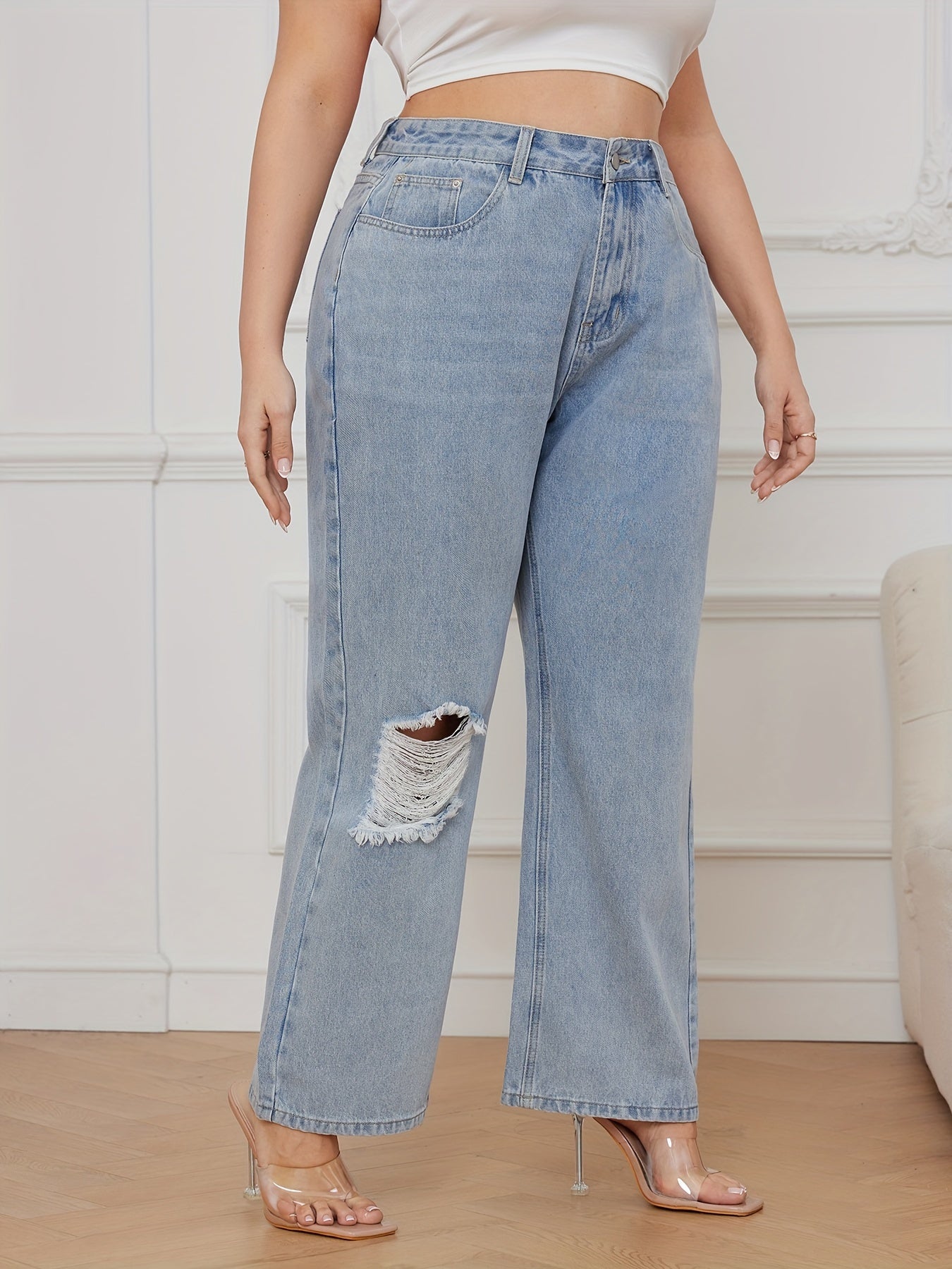  Ripped High Rise Straight Leg Jeans