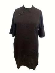  Solid Button Up Half Sleeve Dress with Stand Collar