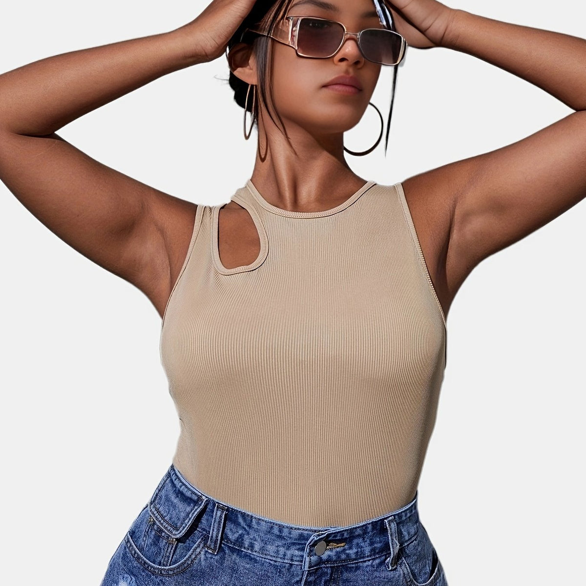  Solid Cut Out Mock Neck Tank Top