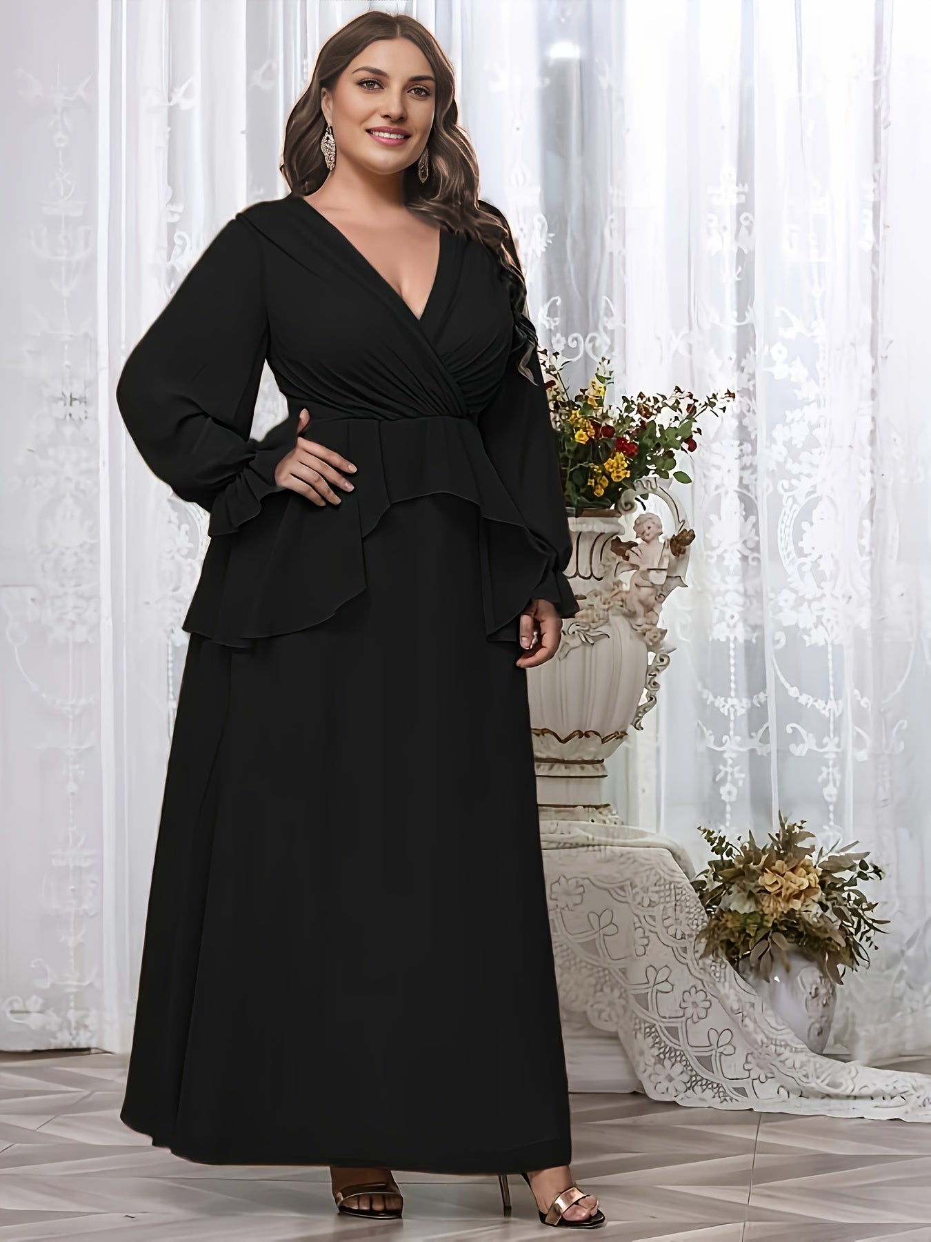  Solid Layered Flounce Sleeve Maxi Formal Dress