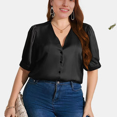  Satin Puff Sleeve V Neck Shirt Women's Plus