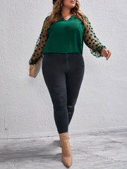  Dot Print Mesh Lantern Sleeve V Neck Top