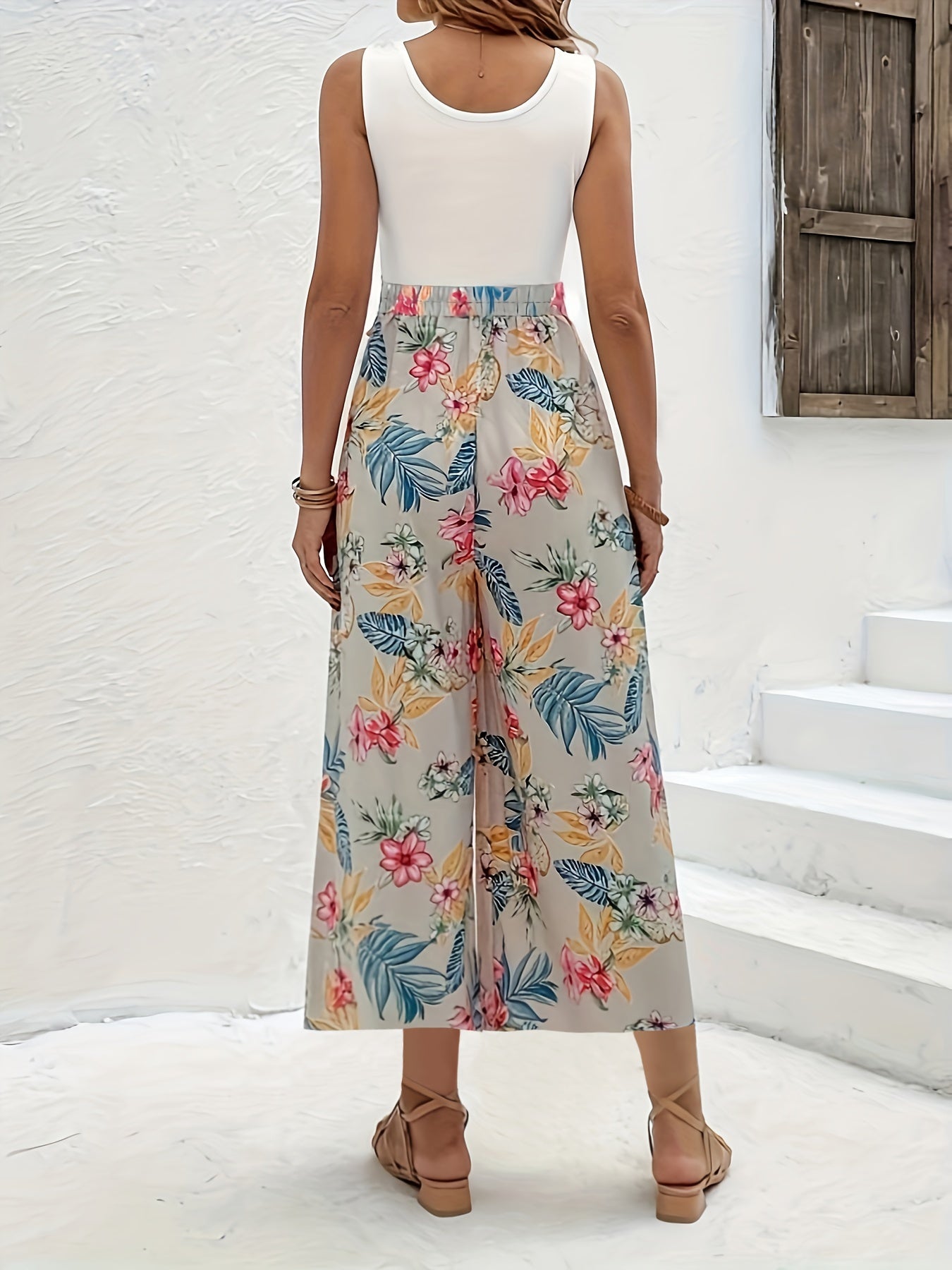  Tropical Print Tie Front Boho Pants