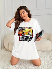  Car Print Short Sleeve Round Neck Sleep Dress