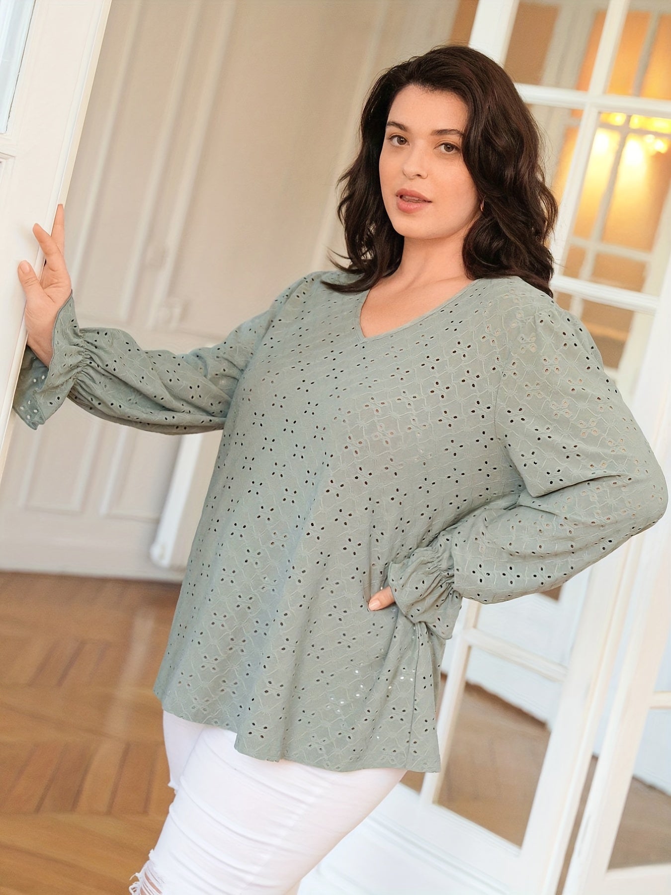  Boho Eyelet Sleeve V-Neck Blouse